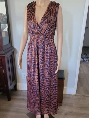 Brown & Navy Sleeveless Wrap Maxi Dress